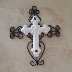 White and Black Iron & Ceramic Decorative Wall Cross Nwot